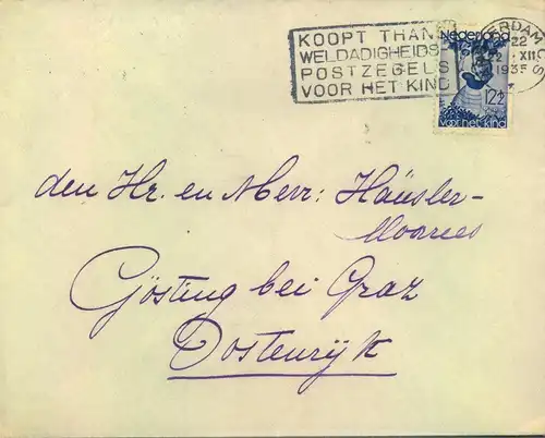 1935, envelope from AMSTERDAM to Austria franked with 12 1/2 C, "Voor het Kind"