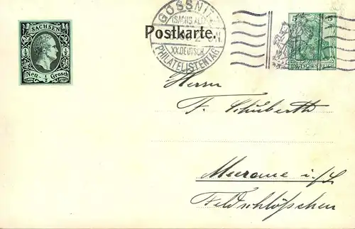 1908,Privatganzsache 5 Pfg. Germania "XX. DEUTSCHER PHILATELISTENTAG", SSt GÖSSNITZ - PP 23 C 9