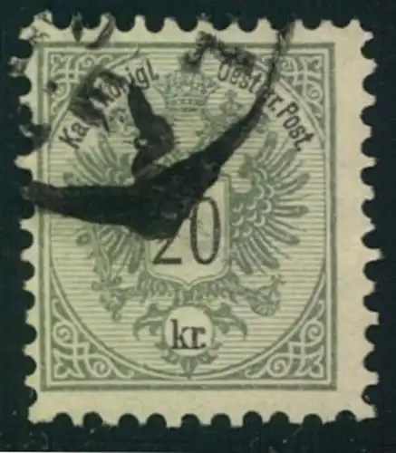 1883, 20 Kr. Wappen mit Zähnung 10 1/2 und Teilstempel. Michel Nr. 48 D - 400,-