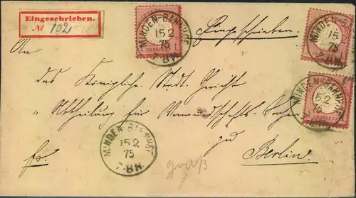 1875, Einschreiben mit 3-mal 1 Groschen gr. Schild ab "MINDEN BAHNHOF 15/2 75". Seltener, erster R-Zettel.