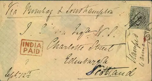 1865, letter from LAHORE franked with 4 Anna with red "INDIA PAID" via Bombay and Southamptom tO Edinbourgh.