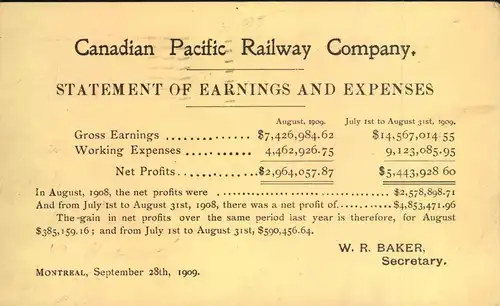 1909, pictured 1 C. stationery card showing "Chateau Frontenac - Quebec" sent from Montreal to London.