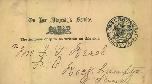 1896, card with imprinted "POSTMASTER GENERAL FRANK STAMP"