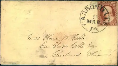 1851 ca., 3 Cent Washington imperforated on small cover from CARBONDALE.