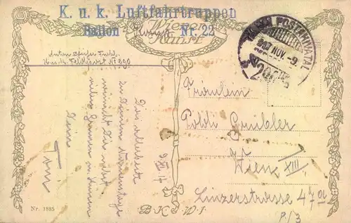 1917, Feldpost AK "K.U.K. LUFTFAHRERTRUPPEN" aus Ungarn nach Wien