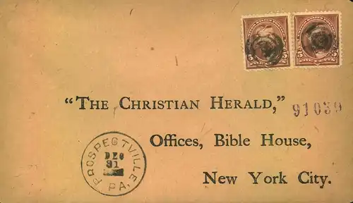 1895/96, registered letter 5 C. Grant with violett killer from "PROSPECTVILLE P.A."