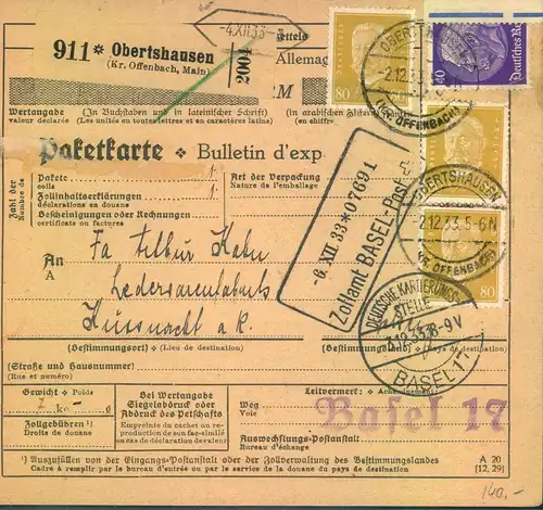 1933, hochfrankierte Paketkarte ab "OBERTSHAUSEN" über Basel nach Küssnacht