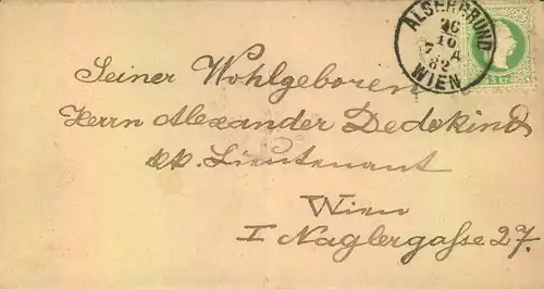 1882, Ortbrief ab WIEN ALSERGURND" mit 3. Kreuzer Franz Josef "feiner Bart"