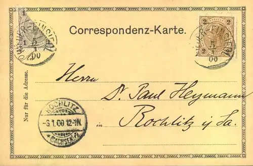 1900, Correspondenzkarte "NIEDER-EINSIEDEL 5/1 00) mi Halbierung 1 Kreuzer und 2 Kr. Zusatz, Selten.