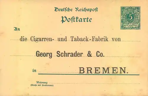 1890 ca. 5 Pfg. Ganzsche mit privatem Zudruck "Cigarren- u. Taback-Fabrik" Schrader, ungebraucht