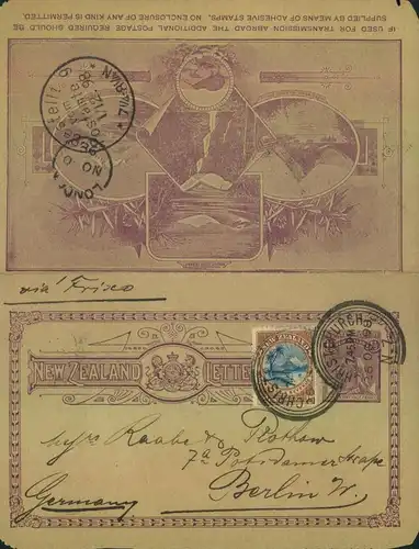 1898, beautiful card letter uprated sent from CHRISTCHURCH  "via Frisco" and London to Berlin