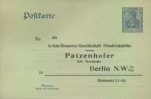 1905 ca. Germania Ganzschenkarte mit Adressvordruck "Actien-Brauerei-Gesellschaft" vorm "Patzenhofer"