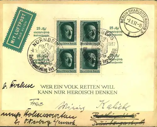 1937, "Reichsparteitags-Block" mit Sonderstempel nach Berlin und dort weiter nach Oderberg