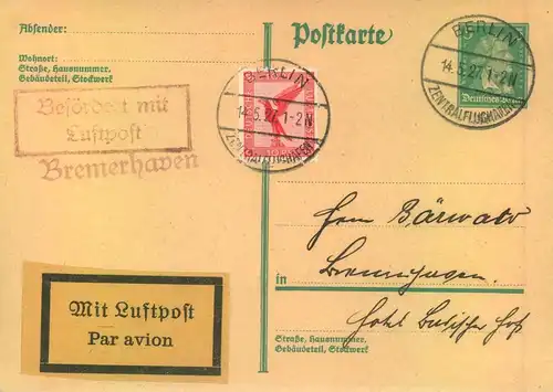 1927, Karte ab "BERLIN-ZENTRALFLUGHAFEN" mit Bestätigung "Befördert mit Luftpost - Bremerhafen"