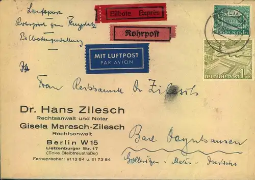 1956, Eilboten mit Rohrpost zum Flughafen und Luftpost ab BERLIN W 15