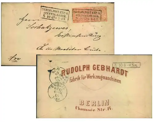 1869,Ortsbrief mit 2-mal 1/2 Gr. Ab "BERLIN. POST-EXP. 4 STETTIN. BAHNH.. Tolle Werbung