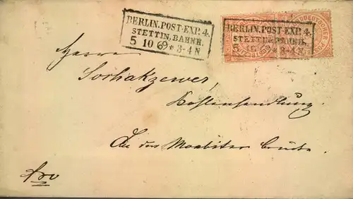 1869,Ortsbrief mit 2-mal 1/2 Gr. Ab "BERLIN. POST-EXP. 4 STETTIN. BAHNH.. Tolle Werbung