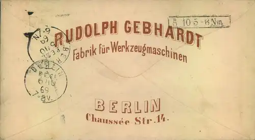 1869,Ortsbrief mit 2-mal 1/2 Gr. Ab "BERLIN. POST-EXP. 4 STETTIN. BAHNH.. Tolle Werbung