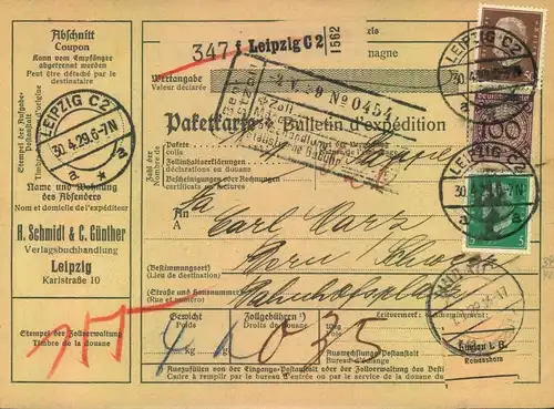 1917/1929, 5 hoch frankierte Auslandspaketkarten