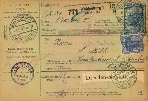 1917/1929, 5 hoch frankierte Auslandspaketkarten