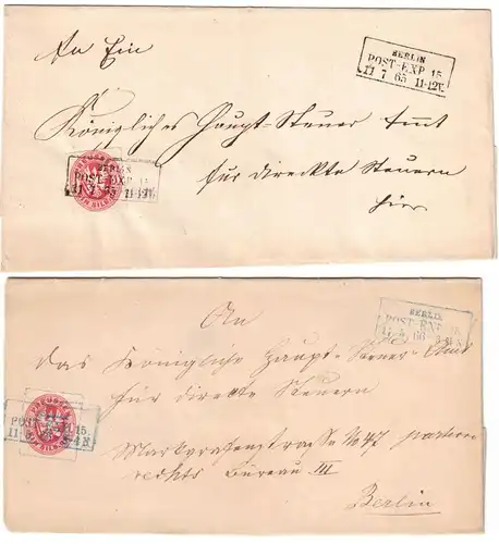 1865, "BERLIN POST-EXP. 15, Ra 3 in schwarz bzw. blau auf Faltbrief mit 1 Gr. Wappen. Schönes Paar