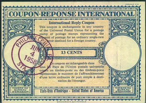 1958, reply coupon - reponse - Antwortschein IAS - PHILADELPHIA JUN 4 1958