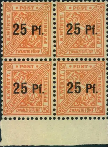 1917, Dienstmarke Ziffer in Schilernd "25 Pf" auf "25" postfrischer Viererblock - Mi 240 Y - 320,- +