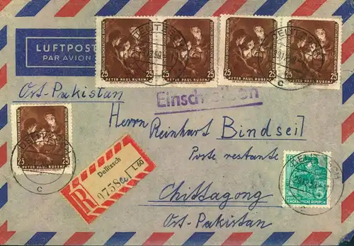 1959, Luftpost-Einschreiben ab DELITZSCH nach OST-PAKISTAN (heute Bangla Desh)!