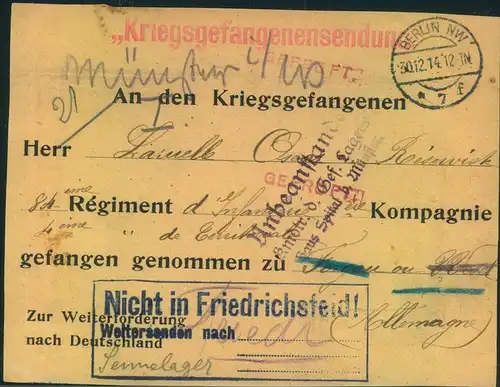 1914, Vordruck Kriegsgefangenenbrief ab "BERLIN SW * 7 f" (Vorderseite)