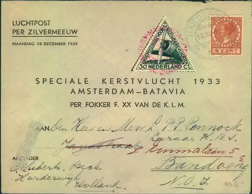 1933, "SPECIALE KERSTVLUCHT AMSTERDAM-BATAVIA, addressed to Bandong