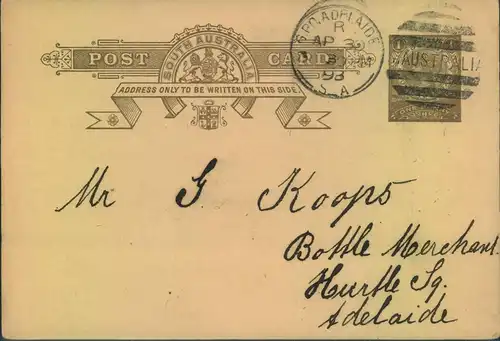 1893, 1 Penny stationery card with private imprint "South Australian Bottle Merchants"