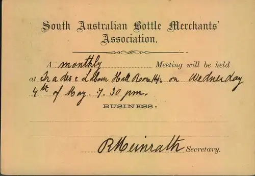 1893, 1 Penny stationery card with private imprint "South Australian Bottle Merchants"