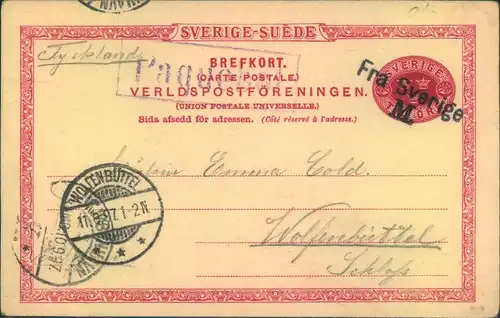 1897, stat. card written in Malmö with ship marks "Paquetbot" and "Fra Sverige M."