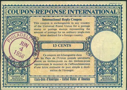 1958, reply coupon - reponse - Antwortschein IAS - PHILADELPHIA JUN 4 1958