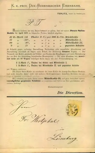 1875, interessanter Drucksache "K. k.  PRIV, DUX-BODENBACHER EISENBAHN" mit 2 Kreuzer Franz-Josef
