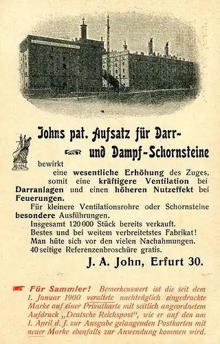 1902, PrivatGanzaschenkarte Firma "J.A. John, Erfurt" - Eindruck Karte von hohen phlatelisten Wert"