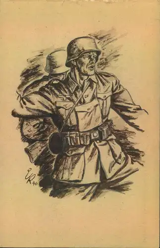 ca. 1940, "Soldat wirft Handgranate" Zeichnung aus "Soldatenblätter für Feier und Freizeit"