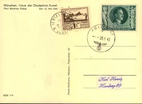 Ca. 1940, Soldatenbild aus dem "Haus der Deutschen Kunst", Feldpost und Jerseystempel