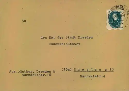 1950, 16 Pfg. Akadenie auf Ortsbrief DRESDEN