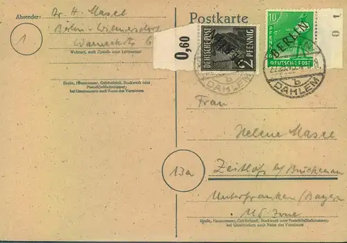 1948, Fernpostkarte ab BERLIN-DAHLEM  mit 2 Pfg. SWA Oberrand und 10 Pfg.