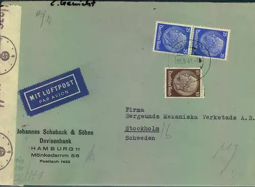 1941, Luftpostbrief 2. Gewicht ab HAMBURG nach Stockholm