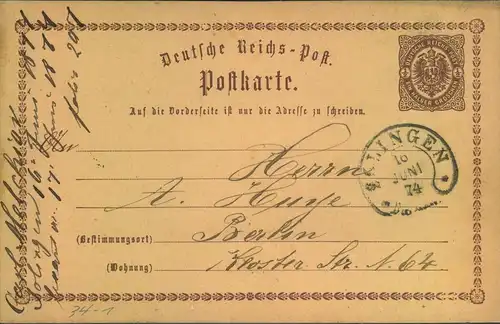 1874, "SOLINGEN", Hufeisenstempel auf 1/2 Gr. Ganzsachenkarte (Sp.  34-1)