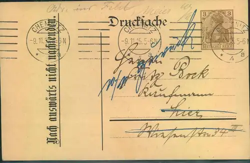 1915, 3 Pfg. Germania Privatganzsachenkarte ab CHEMNITZ