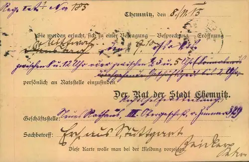 1915, 3 Pfg. Germania Privatganzsachenkarte ab CHEMNITZ