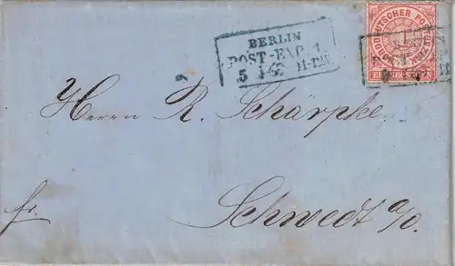 1868, "BERLIN POST-EXP. 1" blauer Ra3 auf frühem Brief mit 1 Gr. NDP - KBHW 160b (450 Punkte)