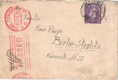 1947, "U.S. CIVIL CENSORSHIP BERLIN", roter Zensurstempel auf Brief aus GB nach Steglitz