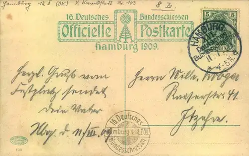 1909, "HAMBURG XVI. DEUTSCHES BUNDESSCHIESSEN" auf offizieller Postkarte