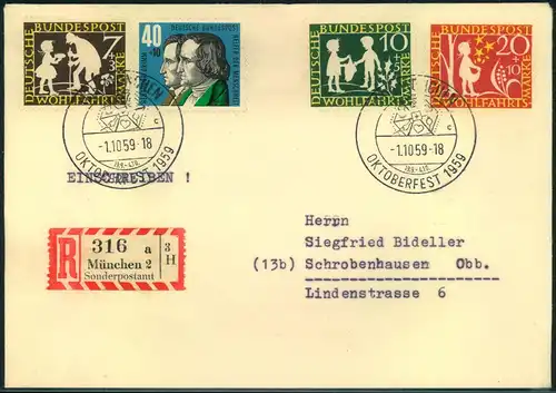 1959, Wohlfahrt 1959 komplett auf Einschreiben mit Ersttags-SSt MÜNCHEN OKTOBERFEST