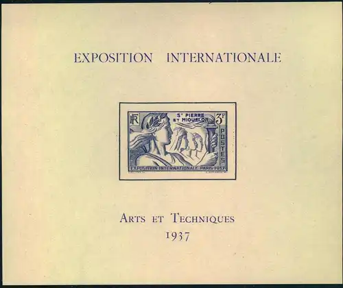 1937, Exposition Internationale ARTS ET TECHNIQUES, bloc, souvenir sheet - mnh