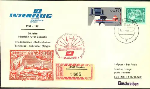 1981, Interflug Schönefeld-Leningrad, R-Zettel "1544 Staaken", 50 jahre Polarfahrt
